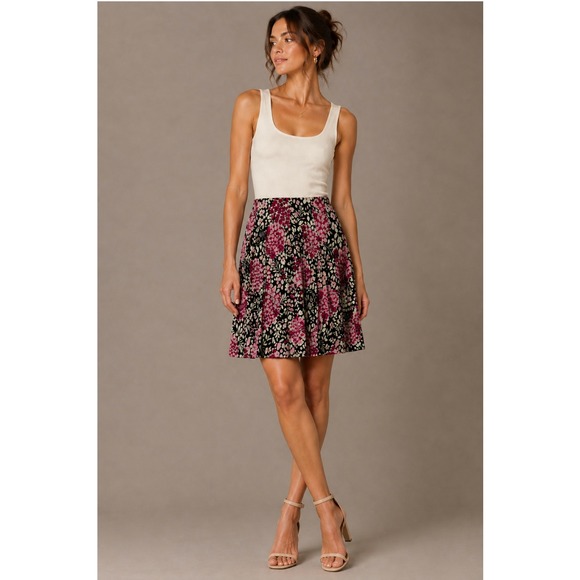 attention Dresses & Skirts - Vtg Y2K Attention Floral A-Line Skirt 6 Black Pink Cotton Pleat Y2K Cottagecore